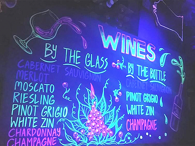 Wines menu sign bar sign bistro blacklight chalk art chalk sign fluorescent lettering menu design menu sign neon wine