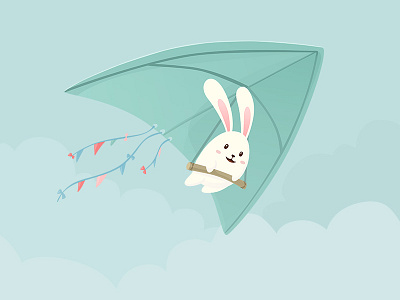 Let's Fly To The Sky bunny cartoon character cute fly happy illustration paraplane rabbit