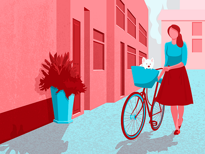 Girl With Her Bike bicycle building character dog flat girl illustration light plant street texture vector