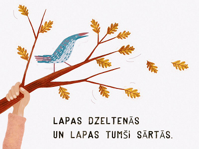 Yellow leaves autumn bird hand illustration latvia leaves