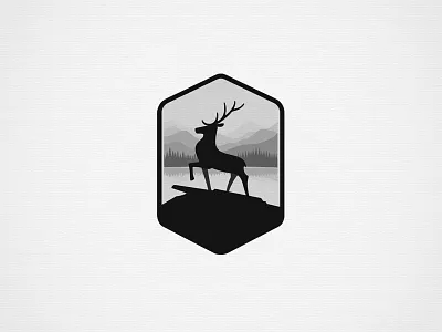 Elk Scene badge deer elk forest lake logo mountains nature rock