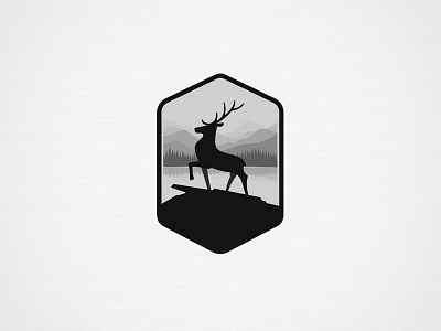 Elk Scene badge deer elk forest lake logo mountains nature rock