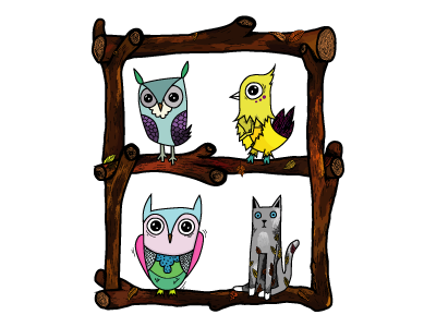 Birds and cat on tree bird cat colors illustration line owl tree vector work