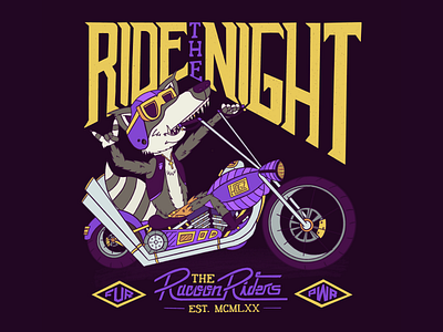 Ride The Night illustration lettering motorcycle purple racoon yellow