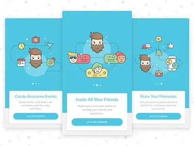 Onboarding for an Event App app beard cards colors event friends illustrations mobile onboarding pagination ui ux