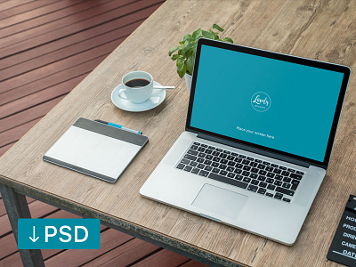FREEBIE: Macbook Next To A Fresh Morning Coffee apple free high resolution macbook mock up mockup photorealistic photoshop psd workspace