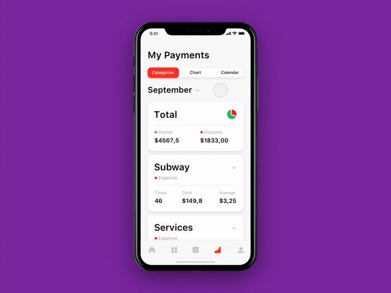 Y-Cash Analytics animation calendar category chart eleken finance mobile statistics ux