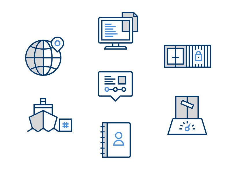 Icons branding cargo contacts container dock document icons illustration location status weight