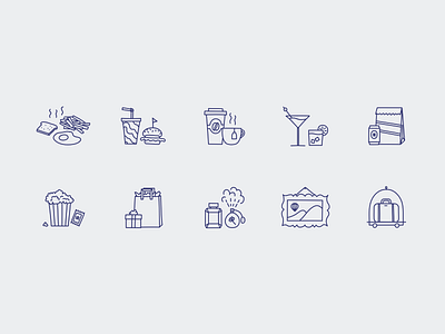 Fun activities illustrations activities brunch cinema coffee drinks icon illustration lunch museum shopping travel ui