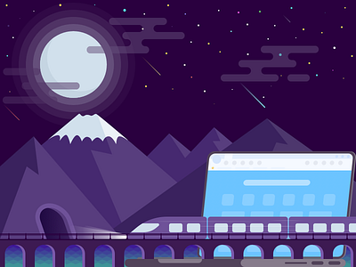 Train bridge cave computer meteor moon mountain sea speed stars train tunnel
