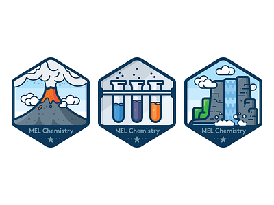 Badges for chemistry experiments 2 badge chemistry eruption icon nature sticker test tube vector volcano waterfall