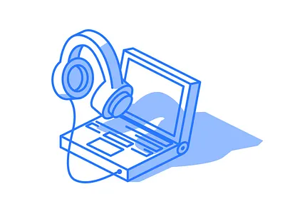 Isometric webinar illustration blue headphones isometric isometry laptop line