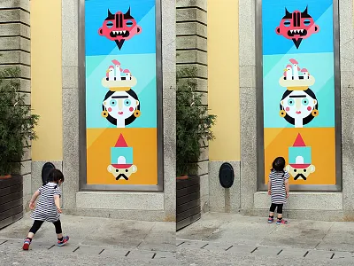 Maria inspects the big print on the window environmental design event design illustration