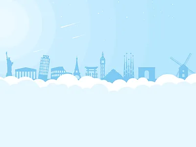 Custom illustration for travel website header blue city clouds landmarks sky travel vector vector art vector illustration world