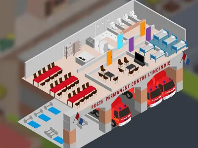 isometric fire station fire station firefighter isometric vector