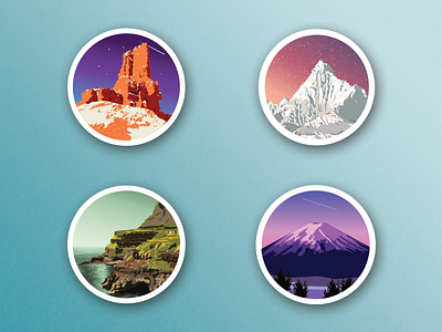 "Around the world" arizona badge cliff fuji gradient landscape meteor mountain ocean snow stars volcano