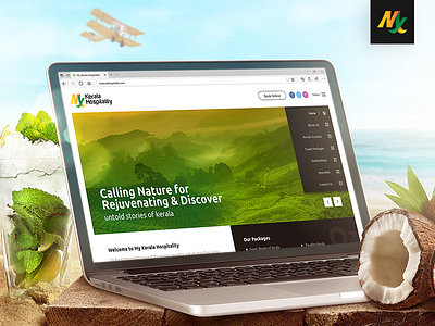 My Kerala Hospitality Website Mockup dark gray hospitality website kerala website munnar simple website tour package travel website ui design web design website design website mockup white