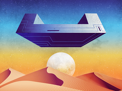 space ship 2d 80s desert face illustration retro space