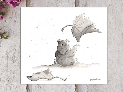 Small, fluffy and scruffy monster. autumn book children inktober leaves monster