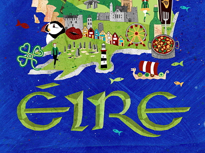 Ireland - lower half blarney castle cork eire illustration ireland irish map puffin rock of cashel shamrock standing stones wexford food festival