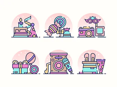 Birthday icons birthday cake candies gifts icons illustration magic tricks music party