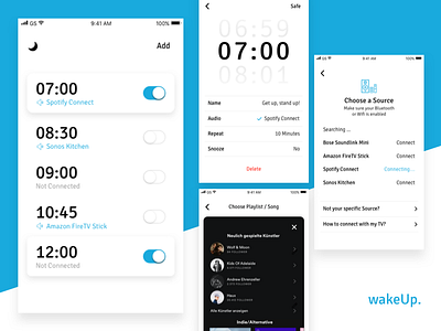 wakeUp alarm audio clock connect music nightmode playlist speaker spotify timer ui ux