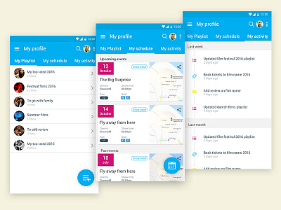 The book club APP activity android app booking calendar cards events flat material social tickets timeline