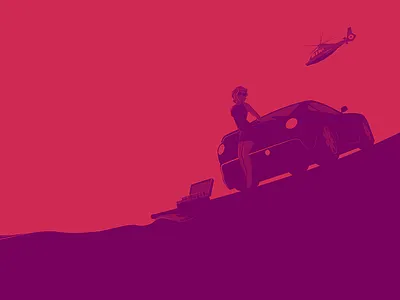 Delivery car cash girl helicopter leaning red sports waiting