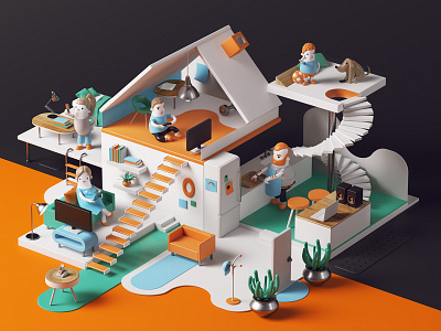 Orange c4d character family illustration