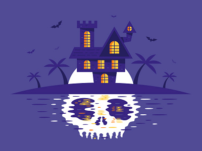 Halloween On The Island batt castle flat halloween horror illustration island moon ocean palm skull trick or treat