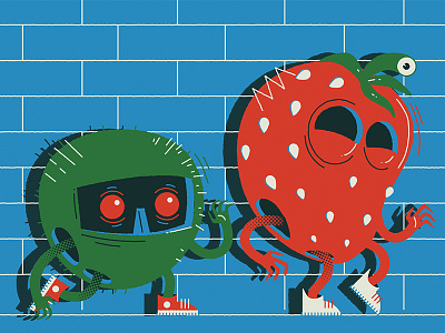 Sneaky Lime and Strawberry character costume fruits illustration lime shadow shady sneaky strawberry wall