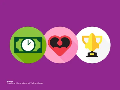 Making Up Metaphors flat heart illustration long shadow metaphor money mouth time trophy