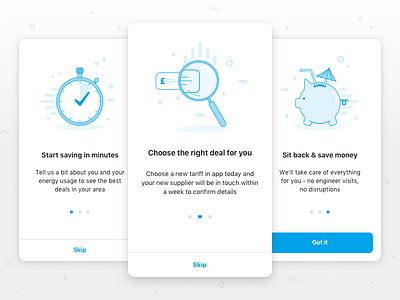 Energy intro app illustration ios msm go onboarding piggy bank search stop watch value prop