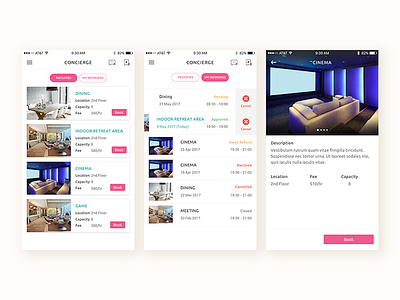Facility Booking book booking card concierge facilities facility list mobile service ui