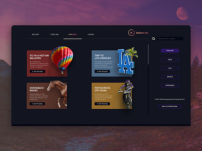 Before Die Explore Page app brand design goal life product task ui usability ux