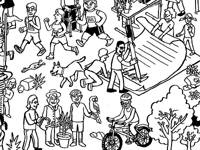 Giving Poster - B/W crop art bike corporate drawing halloween illustration isometric party people seek and find