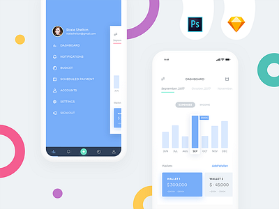 Clay iPhone X Bucks UI Kit blue buy chart download finance iphone x mobile mockup phone photoshop sketch ui kit