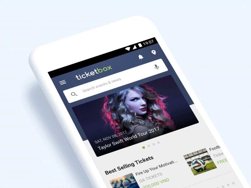 Ticketbox - Parallax slider and pappy dots after effects android animation inspiration interaction ios mobile parallax perspective principle ui