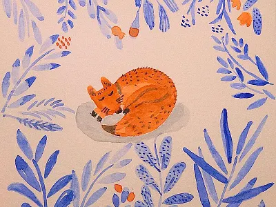Early winter sleep fox ikblue painting watercolor