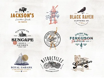 Vintage Touch baseball boat buffalo bulldog dog identity logo logos motorcycle raven retro vintage