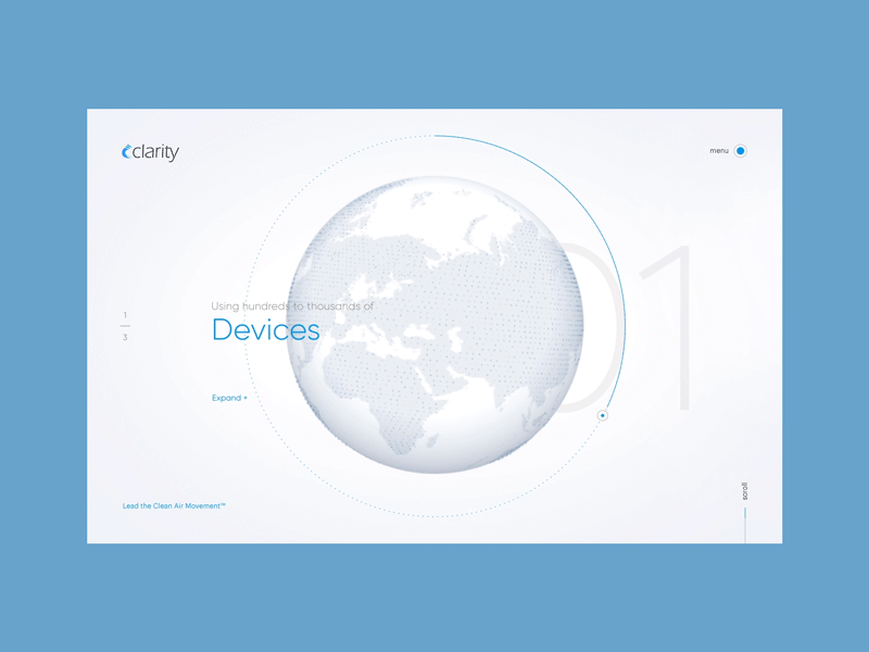 Clarity Movement blue globe motion particules product tech ui webdesign webgl