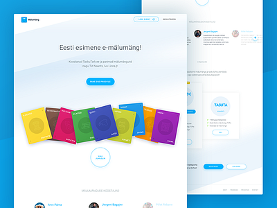 Online quiz game front page cards design estonia game homepage landing landing page light quiz ui ux