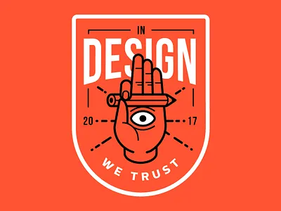 In design we trust badge eye hand icon illustration pencil