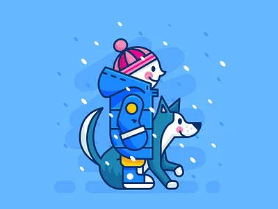 Winter - Kid and Dog Friends animal blue cartoon character children kid creative cute dog wolf husky flat friends game of thrones geometric minimal icon illustration john snow mascot outline snow sticker winter fall