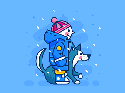 Winter - Kid and Dog Friends animal blue cartoon character children kid creative cute dog wolf husky flat friends game of thrones geometric minimal icon illustration john snow mascot outline snow sticker winter fall