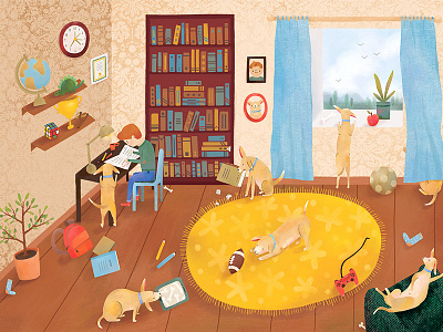 Waiting boy cute dog fun illustration play room waiting