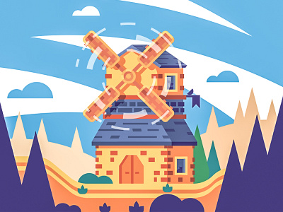 Windmill bird building color flat medieval tree windmill