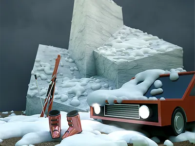 Winter Night 3d car cartoon cold foggy light modeling mountain night ski snow winter