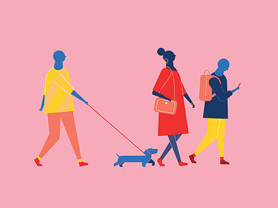 Ec Dribbble city dog man people pink silhouette walking woman yellow