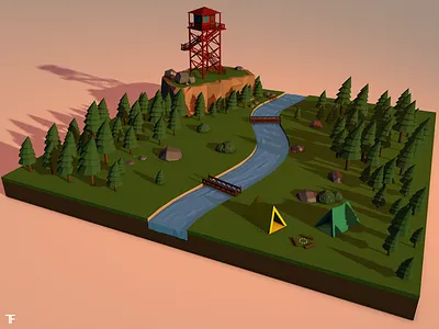 Forest Scene 3d camp firewatch forest low poly river trees watch tower